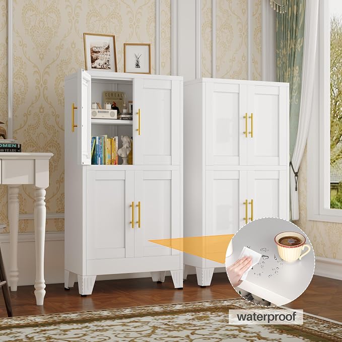 47” White Metal Bathroom Storage Cabinet, Kitchen Pantry Cabinet | Steel Storage Cabinet with Doors and 3 Adjustable Shelves, Bathroom cabinets Organizer, for Home Office, Bedroom