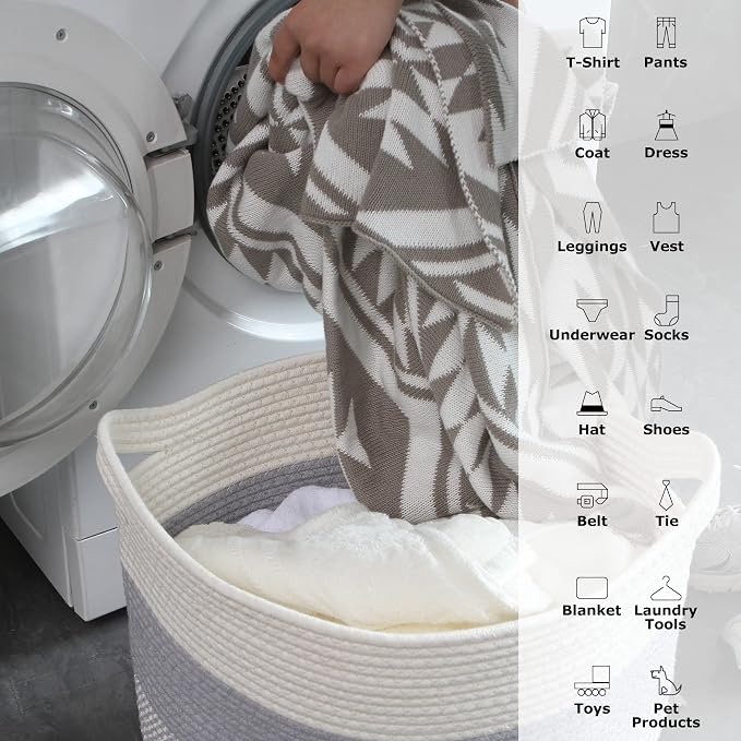 Sea Team Large Woven Cotton Rope Laundry Basket with Handles, 16 x 13 in | Collapsible Knitted Hamper, Closet Shelf Organizers, Containers for Clothing, Blankets, Toys, Bedding, Mottled Navy