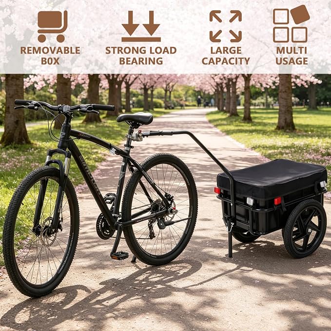 Bike Cargo Trailer, 2-in-1 Utility Trailer Wagon with High-Capacity Plastic Removable Storage Box, Heavy-Duty Steel Frame, Bicycle Cargo Cart with 600D Waterproof Cover for Camping