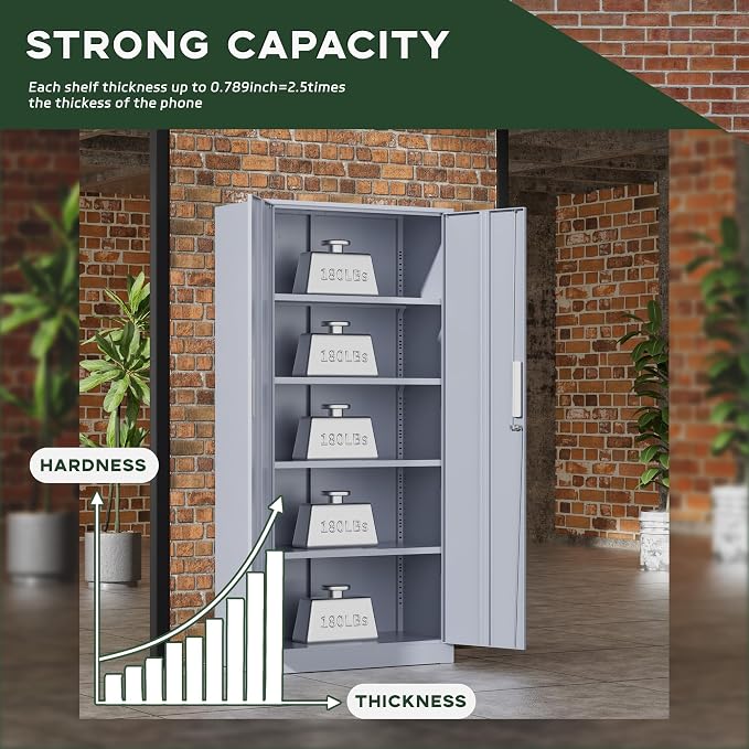 Greenvelly Metal Garage Storage Cabinet, 72” Tall Locking Steel Cabinet with 2 Doors and 4 Adjustable Shelves, Utility Metal Filing Cabinet with Lock for Home, Office, Garage, School (Dark Grey)