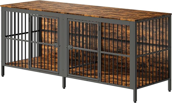 80'' Double Dog Crate Furniture for 2 Dogs, Large Dog Kennel Furniture Indoor as TV Stand, Wooden Dogs Cage Heavy Duty Kennel End Side Table for Living Room, Large & Medium Dogs, Brown
