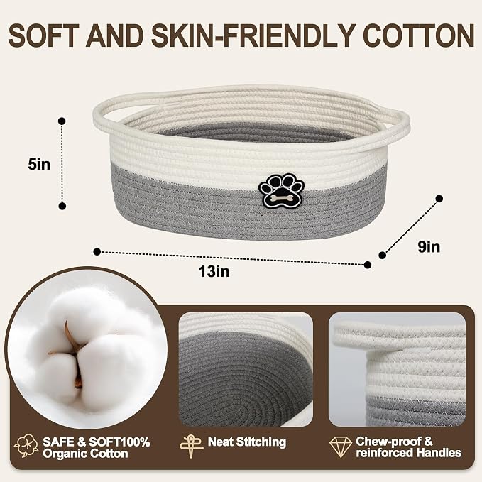 Small Dog Toy Basket, Soft Cotton Rope Dog Cat Toy Bin, Woven Storage Basket for Living Room Nursery, Cats Pet Gift Basket Empty, Decorative Wicker Storage Box with Handle, 13"x 9"x 5"