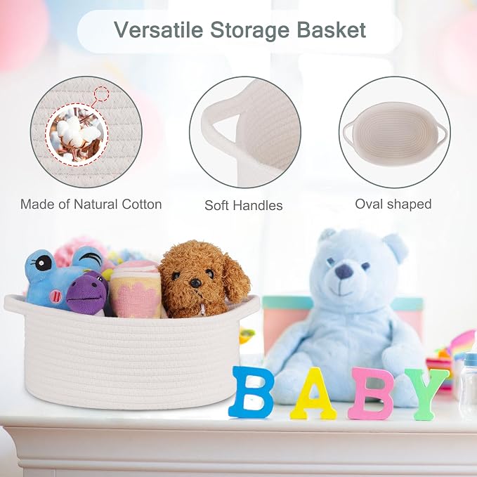 COMSE Empty Small Gift Basket with Bag & Ribbons, White | Cotton Rope, 12"x 8"x 5", Baby Toy Organizer, Stores Small Items for Bedrooms, Nurseries, Bathrooms, Living Rooms, Offices
