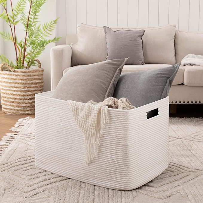 OIAHOMY 118L XXXLarge Rope Storage Basket, Oversized Blanket Basket White | 25" x 17" x 16" Used for Organizing Dirty Clothes in Living Room, Bedroom, Nursery, Extra Large Basket,Dog Toy Storage Bins