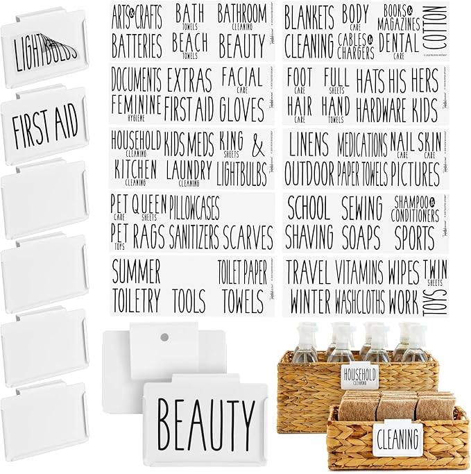 Talented Kitchen Storage Bin Label Holder Set - Easy-On Clip-On Tags for Storage Bins - 70 Preprinted Pantry Labels for Containers & Baskets - 8-Pack, 3.5" x 2.5", White