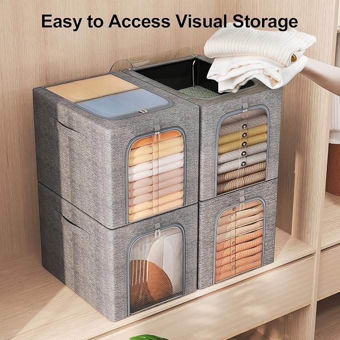 GoMaihe Clothes Storage Bins with Metal Frame for Closet, 40L 4-Pack Grey | Sweaters Hoodies Jeans T-Shirt, Closet Top Shelf Organizer, Steel Frame Collapse-Proof, Stackable, Clear Window, Dual Access