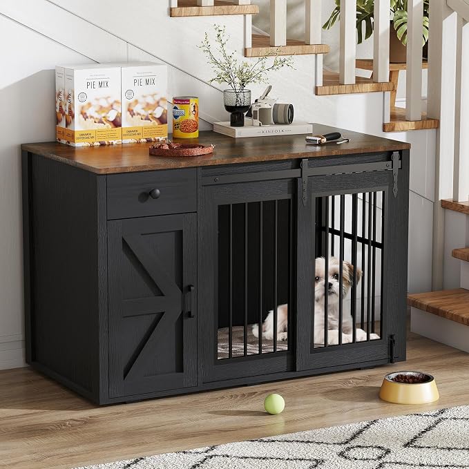 Verano Garden 44" Dog Crate Furniture, Dog Kennel (44" Left Facing Door) | 2-in-1, Lockable, Sliding Door, Removable Divider, Adjustable Shelf, Farmhouse, Heavy Duty, Small Medium Dogs, Black