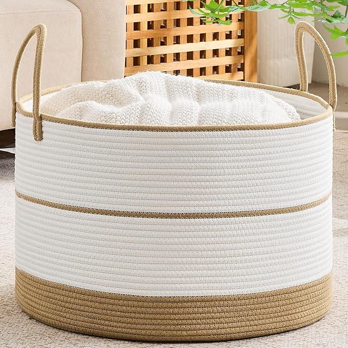 KAKAMAY Large Blanket Basket with Handles, Storage Basket for Living Room | Extra Large Capacity | Natural Cotton Rope | Blanket Storage | Woven Storage Basket | Stuffed Animal Storage | Laundry Basket