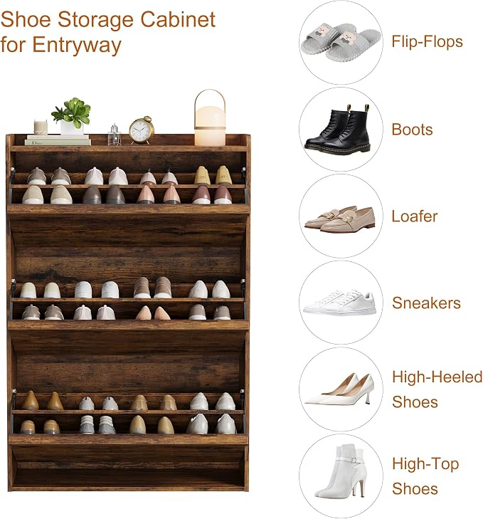GarveeHome Shoe Cabinet with 3 Flip Drawers, Wooden Shoe Organizer Cabinet with Adjustable Shelf, Shoe Storage for Entryway, Hidden Shoe Cabinet for Hallway, Living Room, Rustic Brown