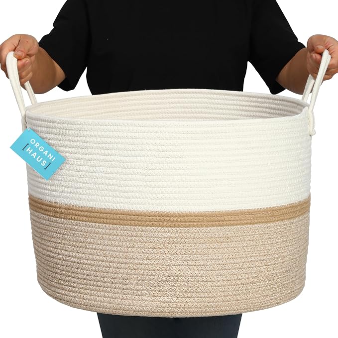 OrganiHaus Round Toy Basket & Blanket Basket, Cotton Rope 20x13" | Striped Honey - Round Cotton Rope Basket, 20x13"