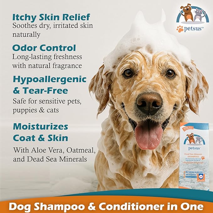 Anti-Itch Relief Dog & Cat Shampoo + Conditioner with Dead Sea Minerals, Hypoallergenic for Sensitive & Allergic Skin, Natural Deodorizing Coat Wash, 15 fl oz