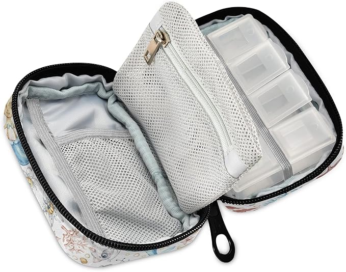 Watercolor Cat Mermaid Pill Box 7 Day Pill Case Travel Pill Organizer Bag with Zipper Portable Weekly Case Compact Size for Vitamin Supplement Holder