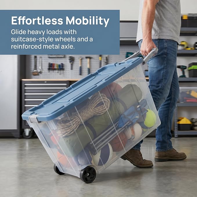 2 Pack 40 Gallon Extra-Large Rugged Clear Storage Bin with Wheels