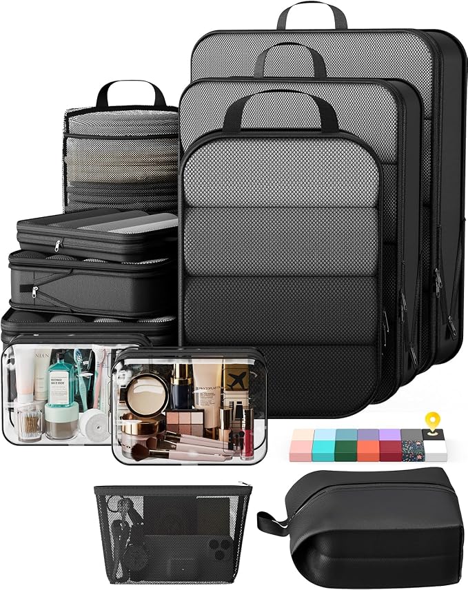 Veken 11 Set Compression Packing Cubes Garment Bags for Travel Essentials,Compressible Expandable Luggage Organizer Bags for Clothing,Space Saver Bags with Over 1000 pcs of Mesh Holes(Black)