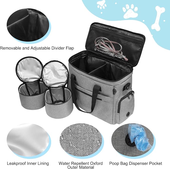MYDAYS Dog Travel Bag, Pet Luggage Suitcase, Weekend Tote Carrier with Collapsible Bowl (Gray)