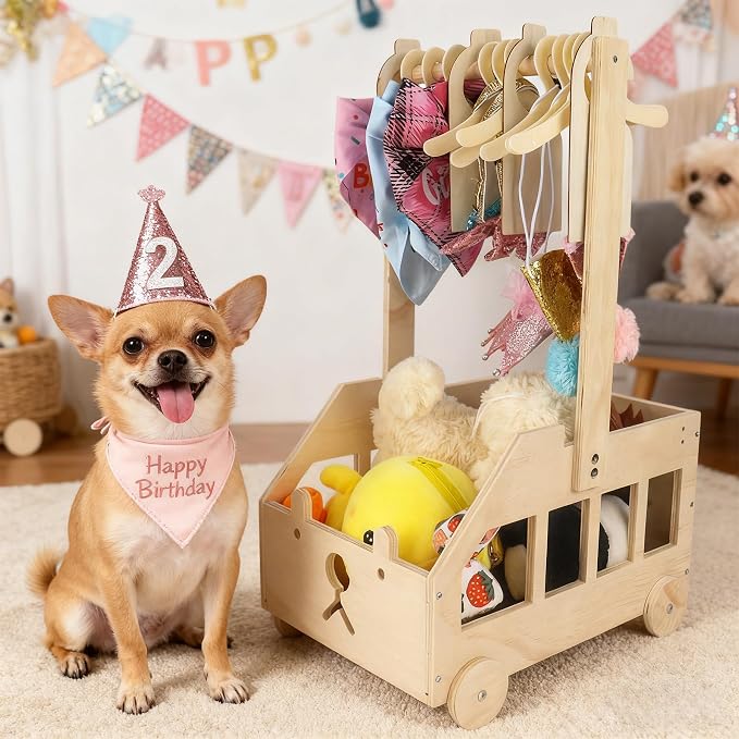22" x14"x10" Wooden Pet Wardrobe Closet with 10 Hangers, 5 Split Labels & 1 Pen, Easy Assembly Crate for Dog/Cat Closet, Dog Closet Organizer for Toys Clothes and Accessories