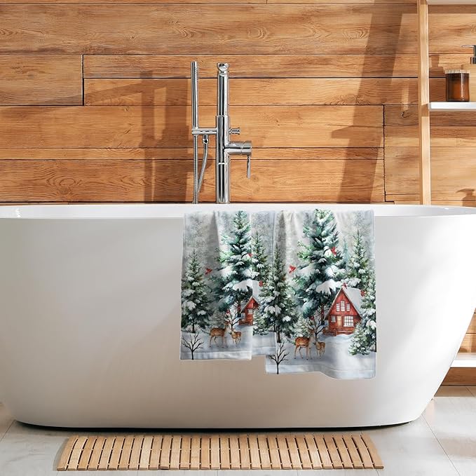 Giwawa Winter Deer Hand Towels Set of 2 Watercolor Pine Trees Red Birds Holiday Towel Xmas Elk Moose Snow Cottage Lodge Face Towel Quick Drying Dish Wash Cloth for Hotel Bathroom Gym