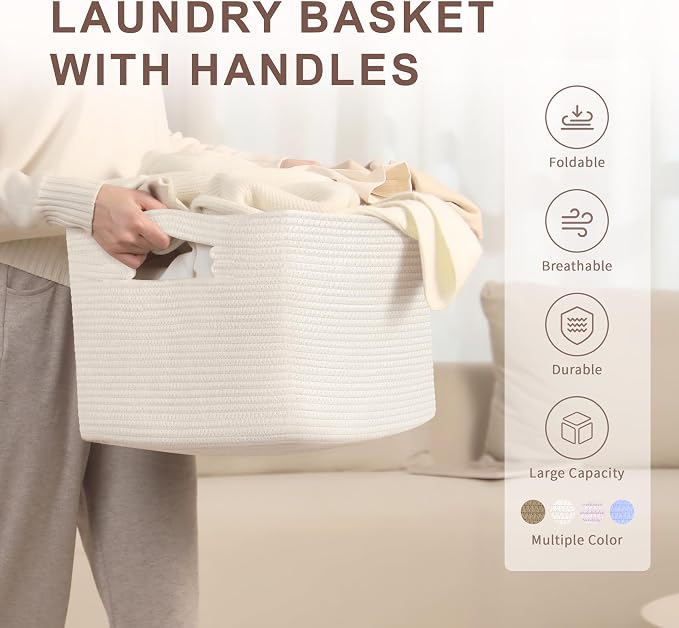 45L Small Woven Laundry Basket Hamper with Handles, White | collapsible wicker hamper, storage for dirty clothes, toys, blankets, gifts, living room, bedroom, bathroom, 18"x14"x11"