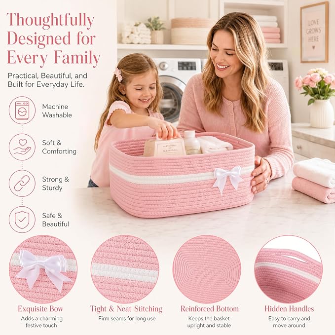 OIAHOMY Large Woven Storage Basket with Handles for Nursery Living Room Shelves, Bow Basket for Gifts Empty with Gift Bags and Ribbons for Baby Showers Pet Toy Bin - Pink, 19L