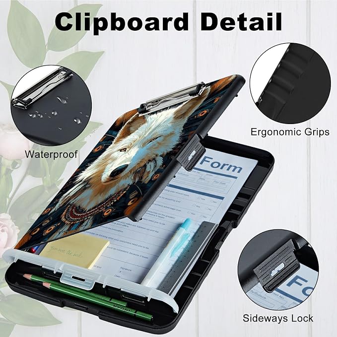 A4 Clipboard with Storage Pen Holder, Clipboards Organizer Nursing Clipboard Foldable File Folder Plastic Clipboard Folio Clip Board for Office Work Classroom Doctor, Feathers White Wolf