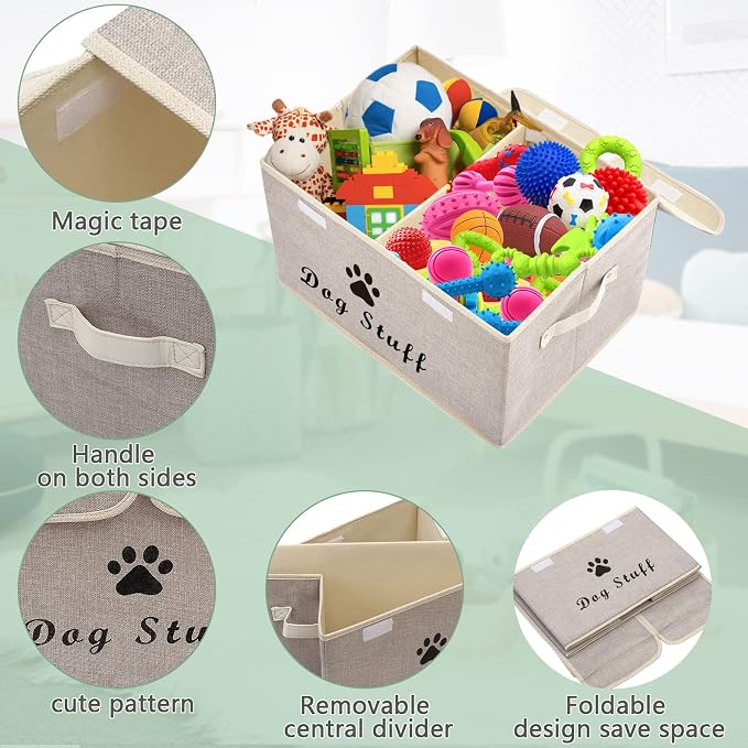 Large Storage Boxes - Large Linen Fabric Foldable Storage Cubes Bin Box Containers with Lid and Handles for Dog Apparel & Accessories, Dog Clothing(Beige)