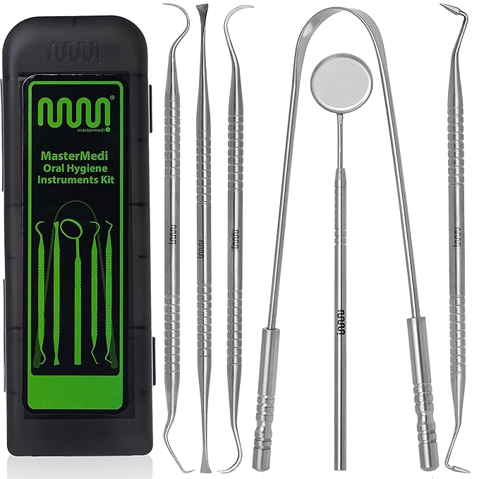 Dental Tools Kit for Teeth Cleaning (6 Pack) – Stainless Steel Oral Care Set with Plaque Remover, Scaler, Mirror & Tongue Scraper, Includes Storage Case for Personal Use