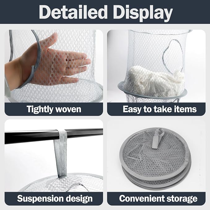 2PCS Hanging Mesh Storage Net, 4 Tier Stuffed Animal Storage with Hook | Grey, Polyester Material, Flexible and Breathable, Space Saving Organizer for Toys Clothes