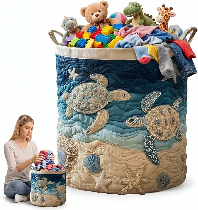 Ocean Life Canvas Laundry Basket Nautical Theme Clothes Hamper Cute Turtles Fabric Toy Bin Collapsible Laundry Bag for Bedroom Closet(20" x 28")
