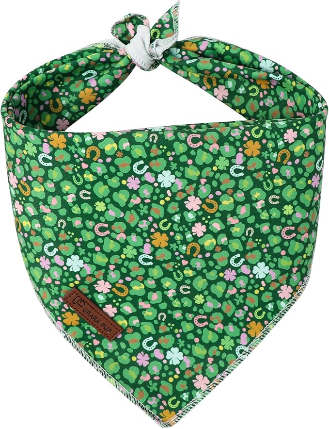 St. Patrick's Dog Bandanas, UP URARA PUP Shamrock Triangle Bid Clover Scarf for Medium Large Girl Boy Dogs, Spring Cotton Puppy Kerchief, Green Dog Bandana,L