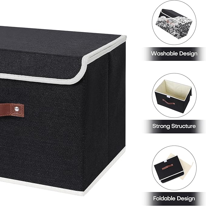 ANMINY Fabric Storage Box Bins with Lids, Black, 13"x9"x7.9", 4 Pack | Keepsake Memory Storage, Cotton Linen, PP Board Reinforced, Washable, PU Handles, Foldable & Stackable, Decorative, Medium