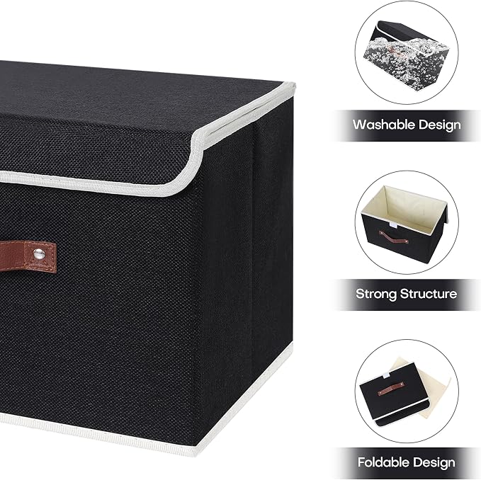 ANMINY Fabric Storage Box Bins with Lids, Black, 13"x9"x7.9" | Keepsake Memory Storage, Cotton Linen, PP Board Reinforced, Washable, PU Handles, Foldable & Stackable, Decorative, Medium