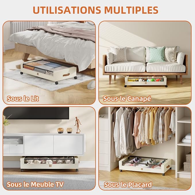 Somdot Under Bed Storage with Wheels, 2 Pack Under Bed Storage Containers | Underbed Shoe Storage Organizer with Clear Lids, Rolling Under The Bed Storage for Clothes, Blankets, Toys, Beige