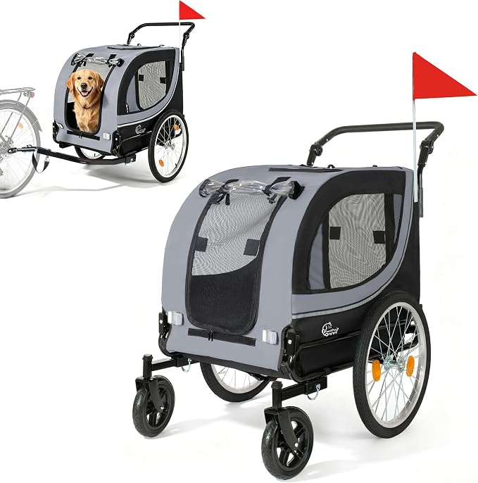 2-in-1 Bike Trailer & Pet Stroller for Dogs up to 100lbs– Foldable Pet Carrier Cart with Two 8'' Front Caster & 20'' Quick Release Air-Filled Wheels, Breathable Mesh and PVC Rain Cover, Gray