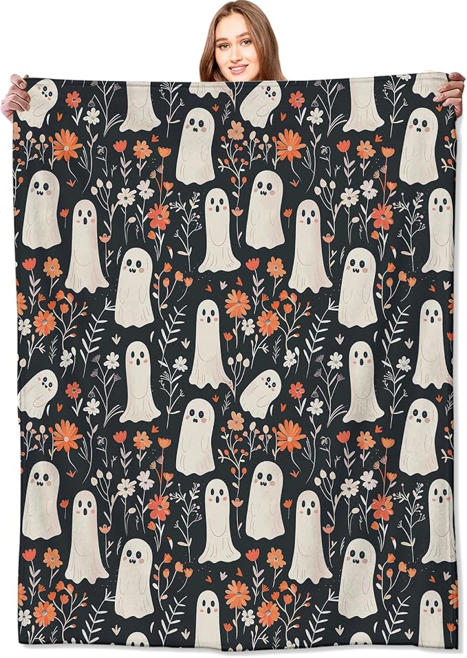 Spooky Ghost Blanket Cute Floral Autumn Flowers Throw Blankets Gifts for Kids Lightweight Soft Fleece Cozy for Sofa Couch Bed Room Travel Birthday Halloween Decor 60x80in