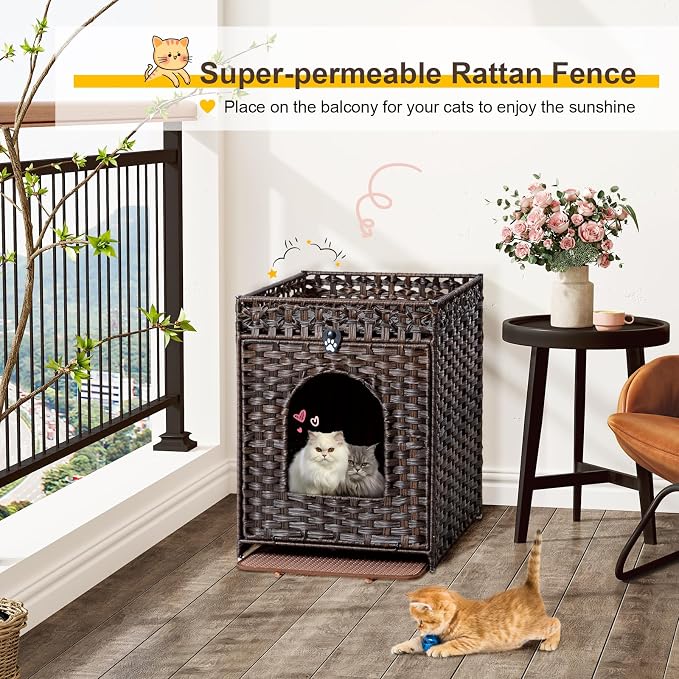 Snughome Cat Litter Box Enclosure Furniture Hidden with Litter Mat, Hidden Cat Washroom Furniture with Door, Handwoven Rattan Cat Washroom Box, Indoor Pet House for Living Room, Bedroom (Brown)