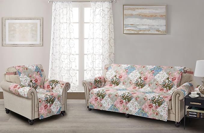 Brilliant Sunshine Peach & Olive Flowers Patchwork Couch Cover, 78" seat | Quilted Sofa Cover, Living Room & Bedroom Furniture Protector, Extra Large Washable Slipcover for Pets, Dogs & Cats