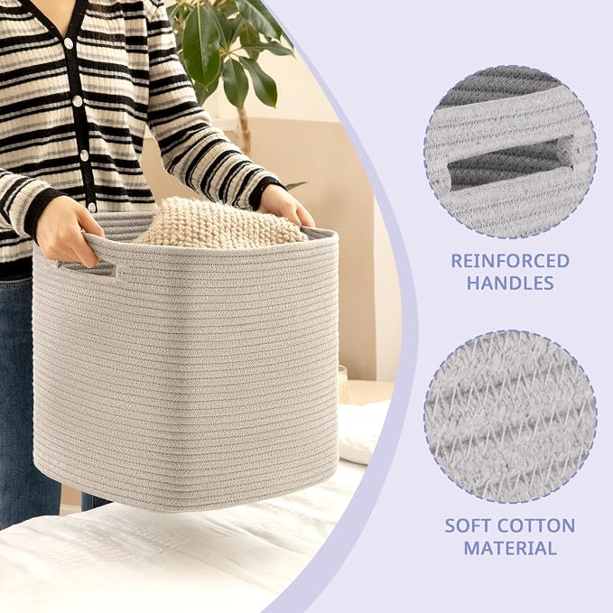 OIAHOMY 2 PACK Cube Storage Bin 13 Inch Collapsible Storage Cube Grey | Cube Storage Organizer Storage Bins for Shelves Baskets for Organizing Woven Rope Storage Baskets