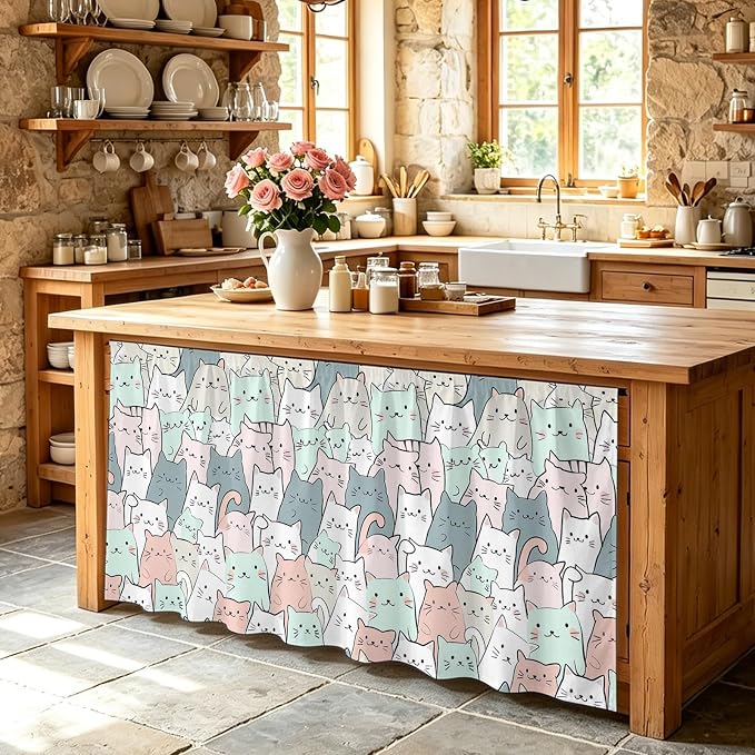 Cartoon Cat Cabinet Curtain 28"Wx51"L, Dustproof Storage Cabinet Curtain with Self Adhesive Tape, Funny Cute Colorful Animal Pet Tall Pantry Cover Drape for Kitchen, Laundry Room, Utility Closet