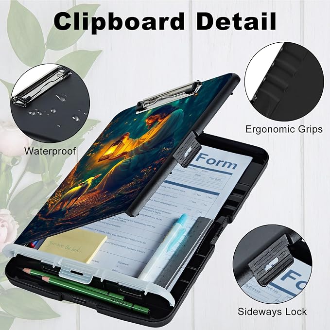 A4 Clipboard with Storage Pen Holder, Clipboards Organizer Nursing Clipboard Foldable File Folder Plastic Clipboard Folio Clip Board for Office Work Classroom Doctor, Man Sheep Forest
