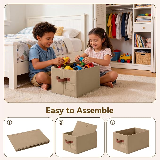 GRANNY SAYS Closet Storage Bins with Label, Brown, Medium, 3-Pack | Closet Organizer Bins, Fabric Storage Basket with PU Handles, Clothing Storage Organizers