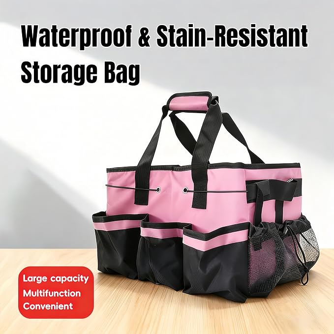 Tool Organizer Tote Bag, Pink and Black, Large Capacity with Adjustable Compartments, Portable Cleaning Storage Caddy, 14.96x10.63x9.06 Inches