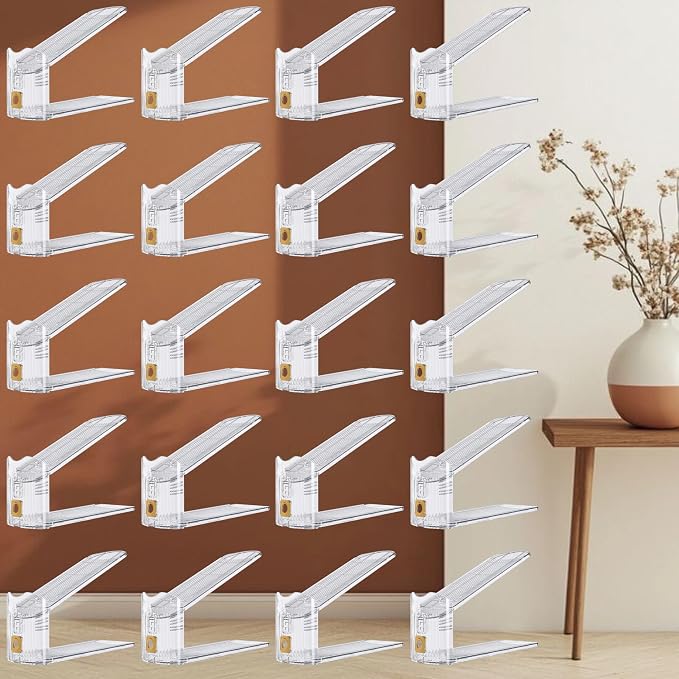 20-Pack Adjustable Shoe Slots Organizer for Closet, Gold | 20 PET shoe stackers with gold accents organize up to 20 pairs; 3 adjustable height levels for sneakers, heels, and flats.