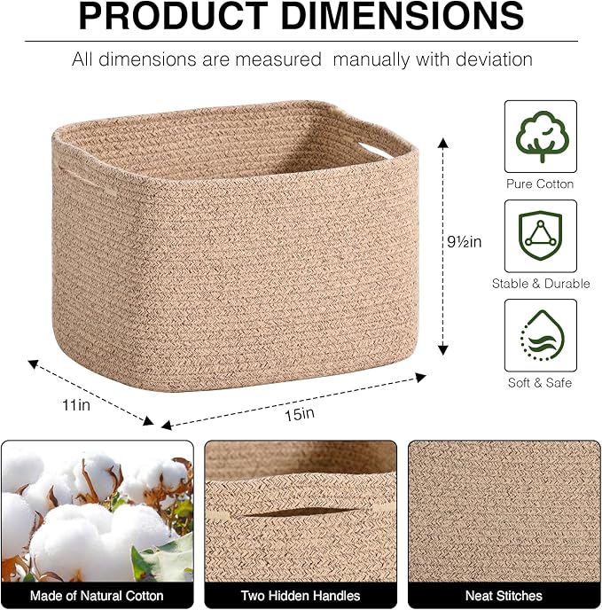 ICERZCZ Woven Cotton Rope Storage Basket for Organizing, Cute Decorative Baskets for Gifts Empty, Organizer Bins for Dog Toy, Baby Laundry, 15“×11”×9.5“, Brown