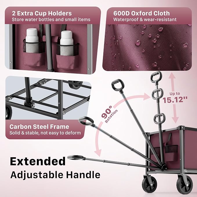 29.3" Collapsible Wagon Cart, 150L Heavy Duty Folding Utility Wagon with Wheels, 260 lbs Load, Portable Rolling Cart for Garden, Shopping, Sports, Camping, WineRed