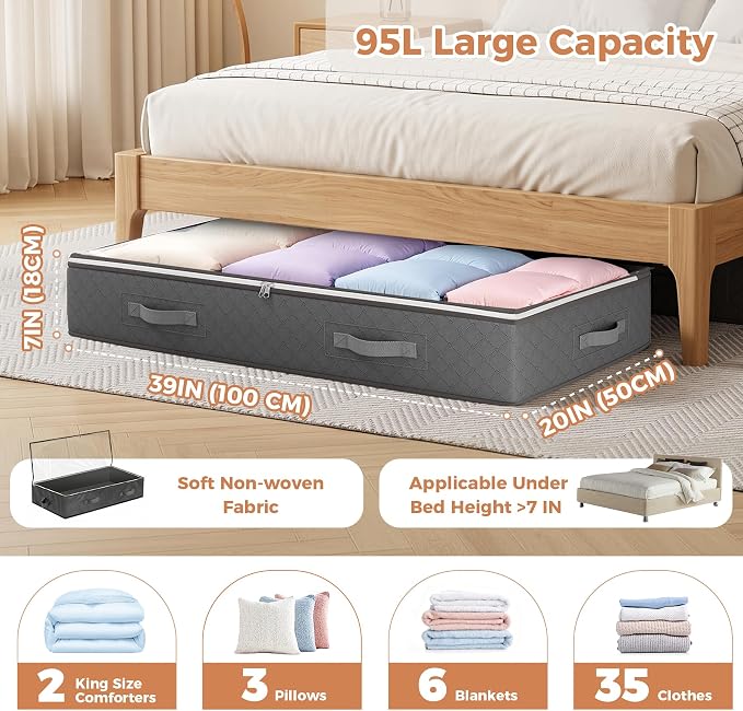 95L Under Bed Storage Containers, 2 Pack Storage Bins, Grey | Underbed Storage Bags for Blankets, Towels, Comforter, Sweaters, Linen Sheets, Wrapping Paper