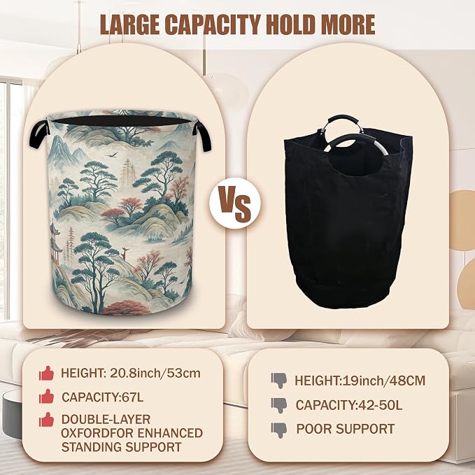 Oriental Mountain Landscape Laundry Basket,Laundry Hamper Waterproof Oxford Cloth Tote Bag,Clothes Storage Bucket Decorative Toy Organizer for Bathroom Bedroom 16" x 20.8"