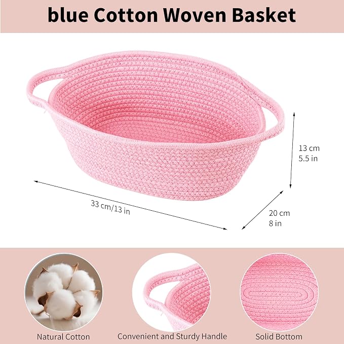 Baby Gift Basket Empty with Handle 13"x 8"x 5.5" | Woven Cotton Rope Basket for Gifts Empty Baby Shower Nursery Toy Storage Girls Living Room Bedroom Bathroom