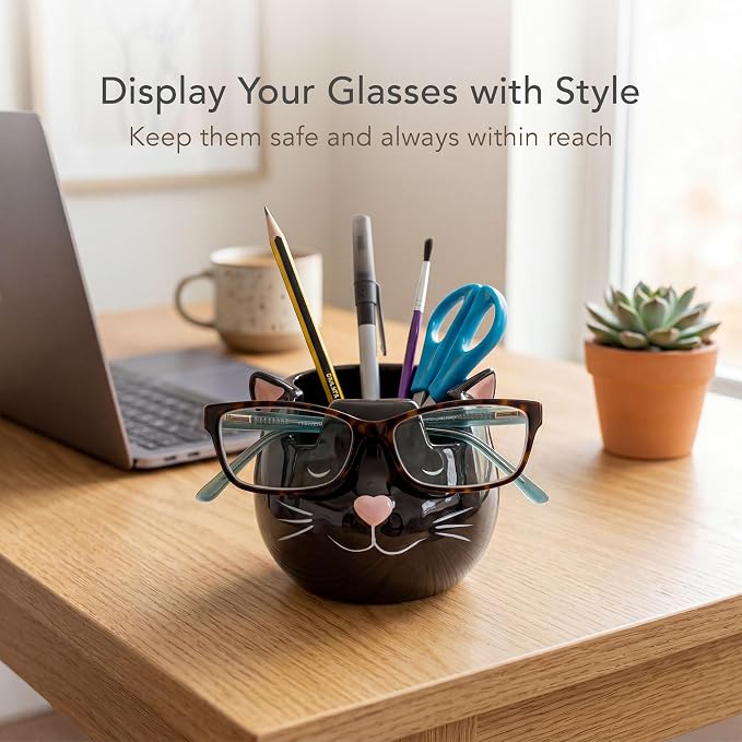 Cat Glasses Holder Stand and Vase - Black Cat Ceramic Sunglasses and Eyeglasses Stand Cat Lady Gift Display and Decor Organizer for Desk Accessories and Stationery Items