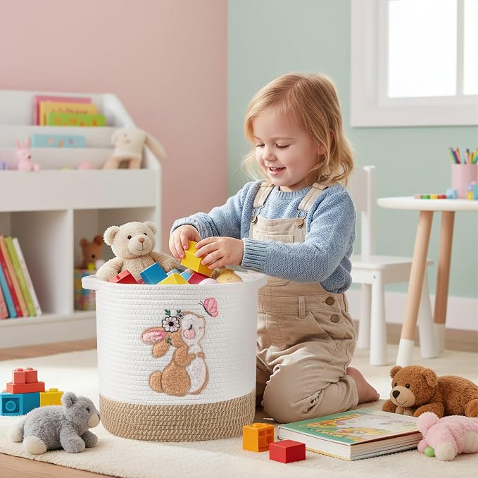 Toy Storage Baskets Woven Cotton Rope Storage Basket for Kids, Blanket Baskets for Living Room Stuffed Animal Storage Toys Organizer with Embroidery Decor, Cute Baskets for Nursery (Bunny)