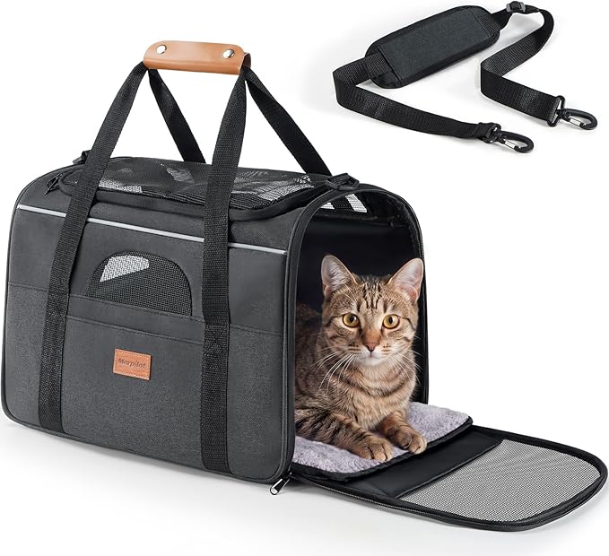 Morpilot Airline Approved Cat Carrier for Pets up to 15lbs,16.5" x11" x11" | Soft-Sided Pet Travel Carrier with 4-Sided Mesh Ventilation for Cats & Puppies (Dark Gray)